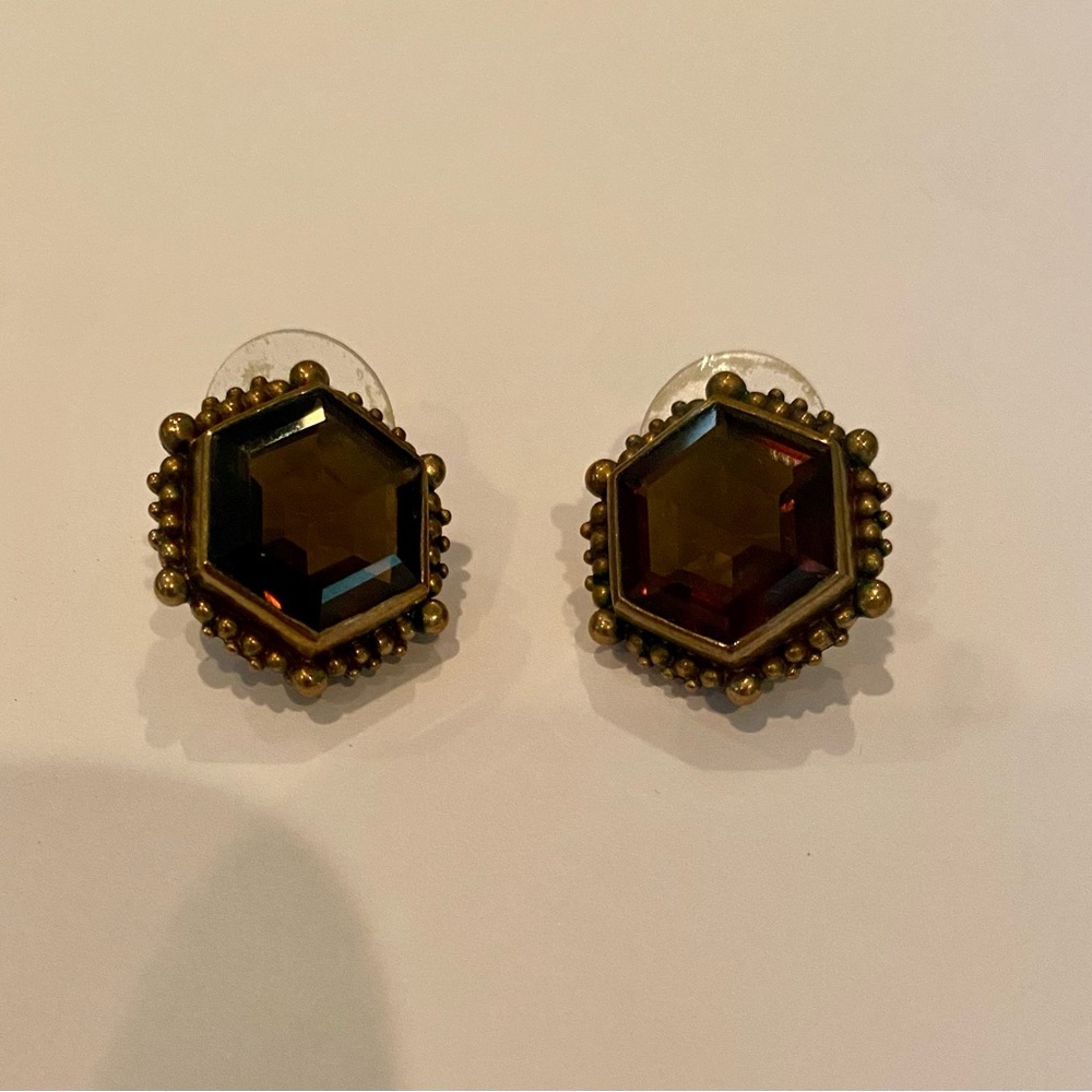 Stephen Dweck Hexagon Amber Stud Earrings with Antique Brass Beaded Frame